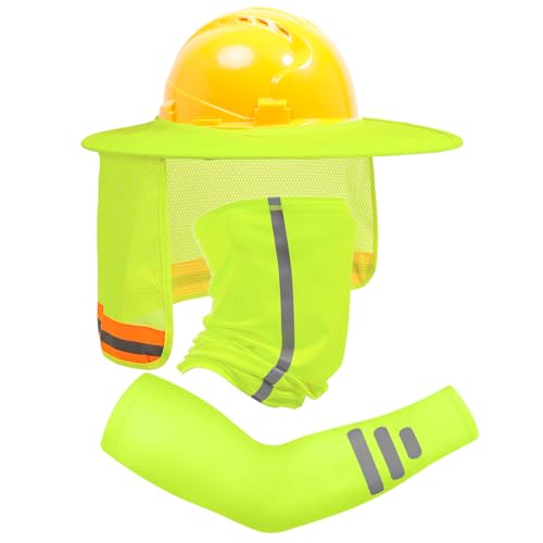 TCCFCCT Hard Hat Sun Shade, Full Brim High Visibility Sun Visor Neck Shield and Bandana Face Scarf with Construction Arm Sleeves, 3 Packs, Yellow - color: Sun Shade 1+bandana 1+sleeves 1pair Yellow