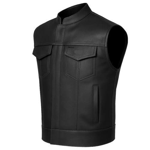 Jackets 4 Bikes Men’s SOA Motorcycle Vest – Premium Buffalo Leather, Multiple Pockets Club Style Biker Vest - All Seasons - size: Large