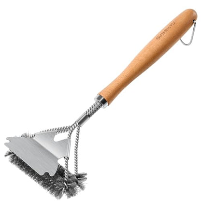 SUBEKYU Outdoor BBQ Grill Brush, 15.3'' Scraper Cleaning Brush - Stainless Steel Grill Cleaner with Scraper, Beech Wood Handle, 1Pack