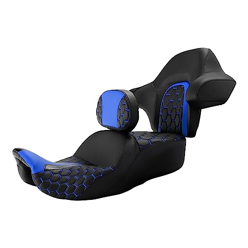 Extended Reach & Max Profile Seat Gel Rider Cushion with Rider Backrest and King Tour Pack Trunk Backrest Pad fit for Harley Touring Road King Street Glide Road Glide Electra Glide 09-2023 Black Blue - color: Gel Style A Blue Seat + 2 Backrest