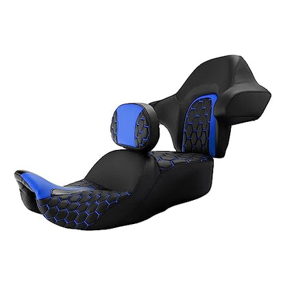 Extended Reach & Max Profile Seat Gel Rider Cushion with Rider Backrest and King Tour Pack Trunk Backrest Pad fit for Harley Touring Road King Street Glide Road Glide Electra Glide 09-2023 Black Blue - color: Gel Style A Blue Seat + 2 Backrest