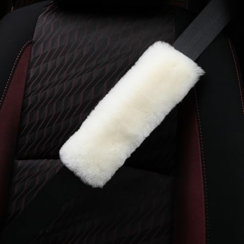 Soft & Cozy Australian Sheepskin Car Seat Belt Covers,2 Pack Fluffy Seatbelt Pads, Genunie Sheepskin Fur Shoulder Straps Cushions for Adults Kids Women and Men (Beige White) - color: Beige White