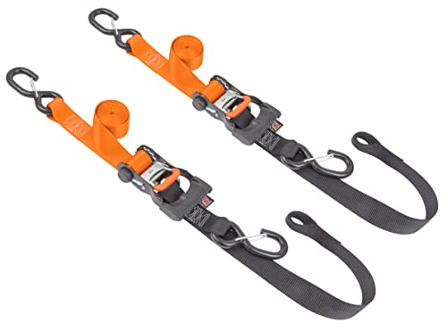 PowerTye 1.5in x 6.5ft Ergonomic Locking Ratchet Soft-Tye Straps with Heavy-Duty Latch Hooks - Made in USA - 1,000 lb. Working Load Limit / 3,000 lb. Breaking Strength - Orange/Black (Pair) - color: Orange