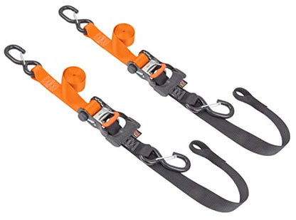 PowerTye 1.5in x 6.5ft Ergonomic Locking Ratchet Soft-Tye Straps with Heavy-Duty Latch Hooks - Made in USA - 1,000 lb. Working Load Limit / 3,000 lb. Breaking Strength - Orange/Black (Pair) - color: Orange