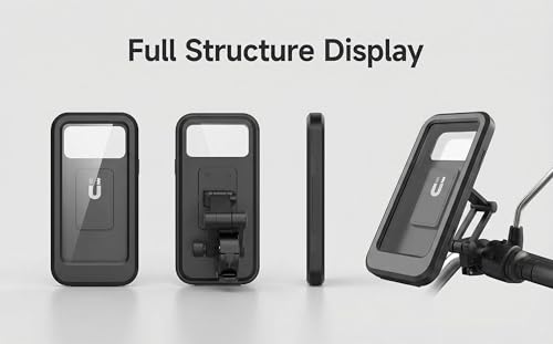 Waterproof Motorcycle Phone Mount, Full Protection Touchscreen Holder, IPX6 Water Resistant, High-Sensitivity PET Touch Film, Black