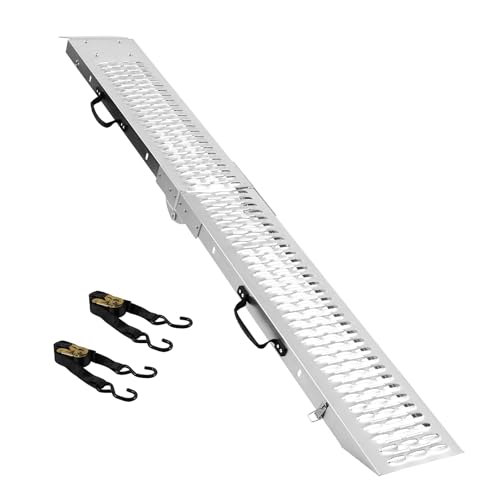 Folding Motorcycle Loading Ramp for Pickup Truck & Trailer, 485 lb Steel Ramp with 2 Dual-Hook Ratchet Straps, Carry Handle and Locking Latch, Dirt Bike Ramp, 72.7" x 8.9", 1 Pack - size: Perforated Surface - 1 Pack - 485 lb