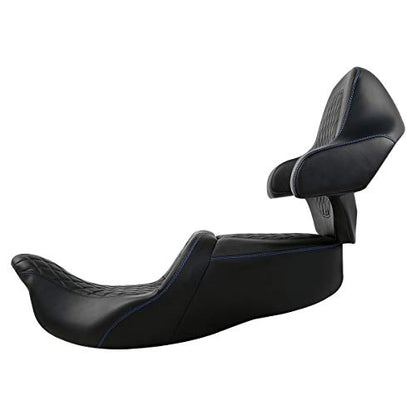 C.C. RIDER Driver Passenger Seat with Wrap-around King Tour Trunk Backrest Pad Sissy Bar fit for Harley Touring Road King FLHR Street Glide FLHX Road Glide FLTRX Electra Glide 2014-2023 - color: 04# Blue+ Passenger Backrest