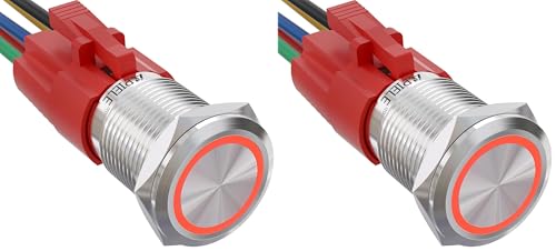 APIELE 16mm Latching Push Button Switch 12V On Off Stainless Steel with LED Angel Eye Head for 0.63" Mounting Hole with Wire Socket Plug Self-Locking(Red) (Pack of 2) - color: Silver Shell-Red, size: Silver Shell (Pack of 2)