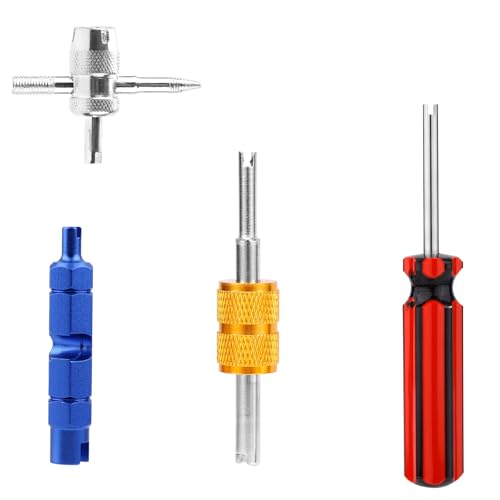 4 Pcs Tire Valve Repair Tool Set, Dual & Single Head Valve Core Remover Wrench 4 Way Stem Puller Stem Core Wrench Remover Tool for All Standard Valves Cars Trucks Motorcycle