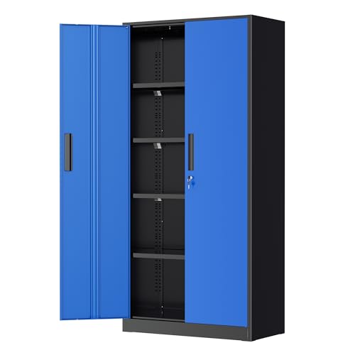 Greenvelly Metal Garage Storage Cabinet, 72" Black Blue Tool Steel Locking Cabinet with Doors and 4 Shelves, Tall Cabinets for Garage Storage Systems Lockable File Cabinet for Home Office,Garage - color: Black Blue, size: 72 inch