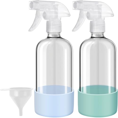 Glass Spray Bottles with Silicone Sleeves (2 Pack, 16 oz), Mist and Stream Empty Refillable Containers, Water Sprayer Misting Bottle for Cleaning Solutions, Planting, Hair Spraying, Green & Grey