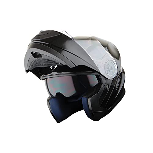 1Storm New Motorcycle Bike Modular Full Face Helmet Dual Visor Sun Shield: Glossy Black - color: Glossy Black No Light, size: Large