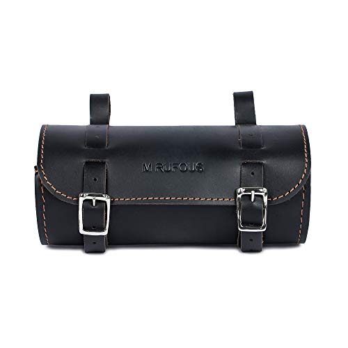 M RUFOUS Genuine Leather Saddle Bags for Motorcycles with Brass Buckle Closure, Premium Motorcycle Handlebar Bag, Black Motorcycle Tool Bag - Free Waterproof Cover - color: Black