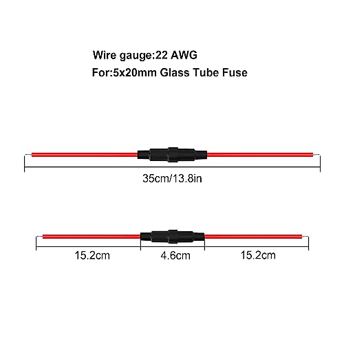 5x20 mm Fuse Holder Inline Screw Type with 22 AWG wire for Fast-Blow Glass Fuse （6-Pack）