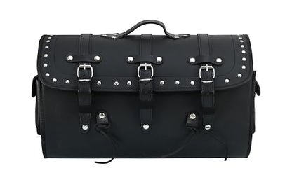 Vance Leather Studded PVC Motorcycle Tail Bag w Quick-Release Straps, Dual Side Pockets, Universal Fit Storage for Cruiser and Touring Motorcycles - style: Studded