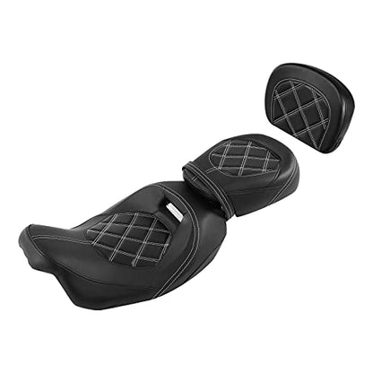 SLMOTO Motorcycle Seat with Sissy Bar Tour Trunk Pad Fit for Harley Davidson Touring Road King Street Glide Road Glide Tri-Glide 2014-2023 Trike 2010-2023 CVO Custom Bikes - color: GEL White