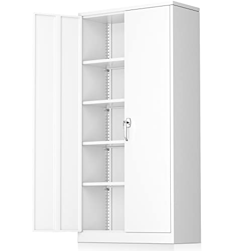Greenvelly Metal Garage Storage Cabinet with 2 Doors & Adjustable Shelves, 72" Lockable Steel Tool Cabinet - White - (36" W x 18" D) - color: White, size: 72 inch - Large
