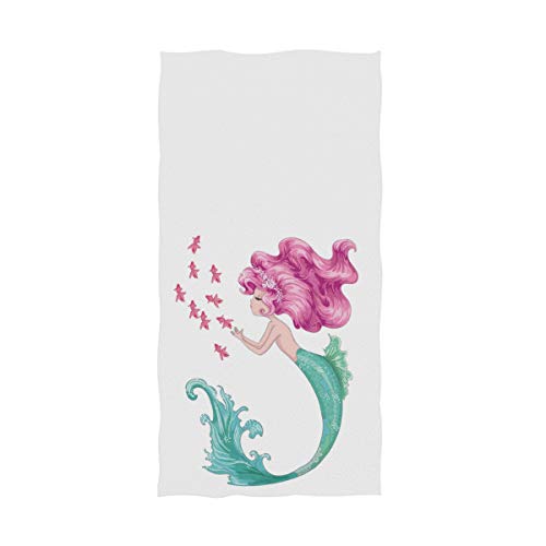 Naanle Cute Beautiful Mermaid Funny Soft Highly Absorbent Large Decorative Hand Towels Multipurpose for Bathroom, Hotel, Gym and Spa (16" x 30",White Pink) - color: Mermaid