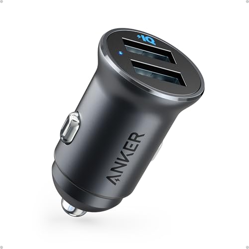 Anker 320 Car Charger (24W II), Mini Aluminum Alloy Dual USB with Blue LED for iPhone 16 15 14 13 12 Series, iPad Pro/Air 2/Mini, Galaxy and More - Not Compatible with Quick Charge (Black)