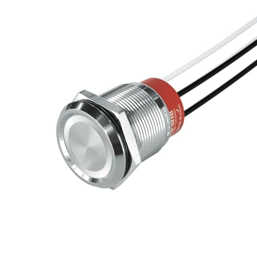 22mm Latching PushButton Switch, IP67 Waterproof Momentary/Latching Stainless Steel Flat Round Switch with Pre-Wired 20AWG, 10A 250VAC 5A 28VDC, 12V-24V LED Ring (Latching, White) - color: White