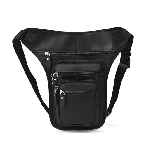 Le'aokuu Mens Genuine Leather Motorcycle Tactic Belt Waist Pack Drop Leg Cross Over Bag - color: 3111 Black
