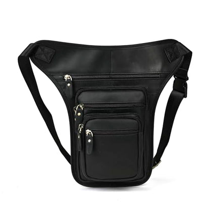 Le'aokuu Mens Genuine Leather Motorcycle Tactic Belt Waist Pack Drop Leg Cross Over Bag - color: 3111 Black