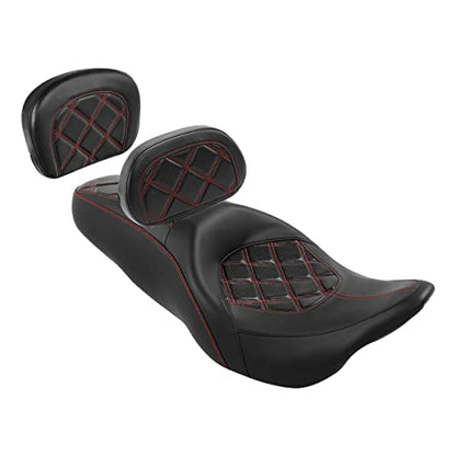 C.C. RIDER Classic Seat Backrest Pad - Driver Seat Rider Sissy Bar Passenger Backrest Pad Kit fit for Harley Davidson Touring Road King Street Glide Electra Glide Road Glide 2014-2023 - color: Seat + Driver Pad + Passenger Sissy Bar Black Red
