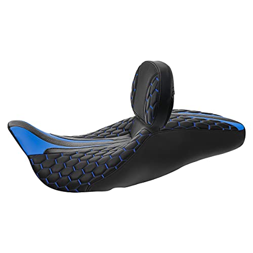 C.C. RIDER Motorcycle Seat Driver Passenger Touring Seat with Backrests for Harley Davison Electra Glide Classic Street Glide Road Glide 2009-2023 - color: Black Blue Seat + Rider Backrest