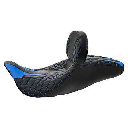 C.C. RIDER Motorcycle Seat Driver Passenger Touring Seat with Backrests for Harley Davison Electra Glide Classic Street Glide Road Glide 2009-2023 - color: Black Blue Seat + Rider Backrest