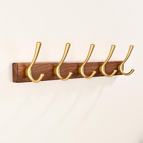 17.3" Small Walnut Wood Coat Rack Wall Mount with 5 Hooks, Heavy Duty Wooden Jacket Hanger Door Mounted for Decorative Entryway Bathroom Hanging Towel Backpack Purse Clothes Hat Key Gold - color: Gold 5 Hooks Wall Coat Rack