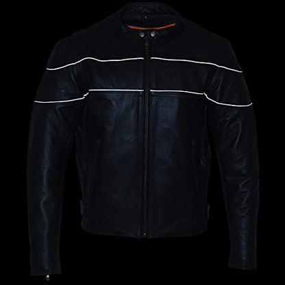 Milwaukee Leather SH1785 Men's Black Leather Scooter Style Motorcycle Jacket w/Side Stretch and Reflective Piping - size: 5X-Large