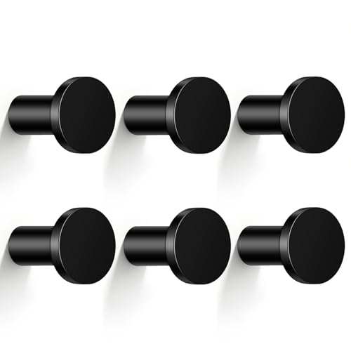 6 Pack Black Coat Hooks Wall Mount Minimalist (1.2" Diameter) | Machining of Solid Aluminum Bar, Heavy Duty, For Bathrooms Entryway Cubicle, Hanging Towel Coat Hat Robe Bag, Round, Decor - color: Round 6 (1.2")