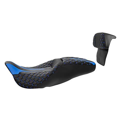 SLMOTO Motorcycle Two Up Seat Custom Driver Passenger Leather Seat w/Backrest Pad Fits For Harley Touring Road King Street Glide Electra Glide Road Glide Tri-Glide Trike 2014-2023 - color: Blue + Passenger Backrest SP