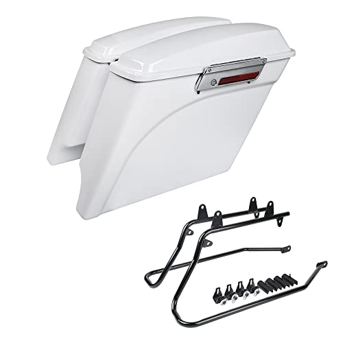 SLMOTO Saddle Bags, 5" White Stretched Hard Bag Saddlebags Conversion Bracket Mounts Fits for Harley Softail 84-17 Deluxe FLSTN Fatboy FLSTF Fatboy Lo S FLSTFBS - color: White Saddlebag + Black Bracket