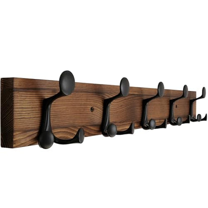 WEBI Coat Rack Wall Mount,30" Solid Wood Coat Hooks Wall Mounted Coat Hanger,16" Hole to Hole,Heavy Duty Hook Rack,5 Triple Hooks for Hanging Coats,Jacket,Hat,Backpack,Farmhouse,Brown - color: Brown, size: 30 Inch