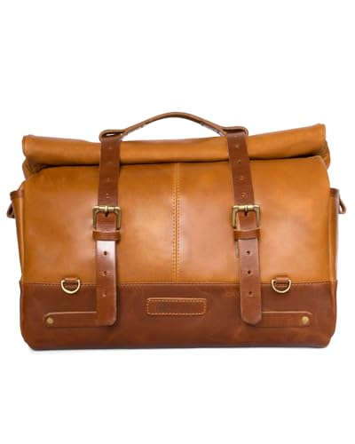 Trip Machine Company Outlaw Leather Motorcycle Saddlebag – 17L Roll Top Luggage Bag with Mounting Straps, Shoulder Strap & Waterproof Rain Cover (Vintage Tan) - color: Vintage Tan