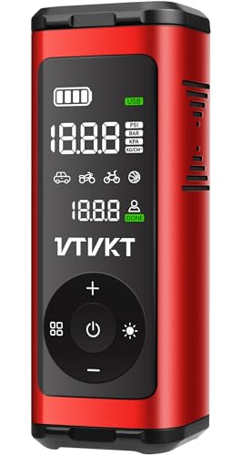 VTVKT Tire Inflator Portable Air Compressor, Powerful 12000mAh Aluminium Alloy Cordless Air Pump with LED Light and Power Bank, 150PSI Tire Inflator for SUV, Sedan, Motorcycle, Bike, Ball, Red - color: Red