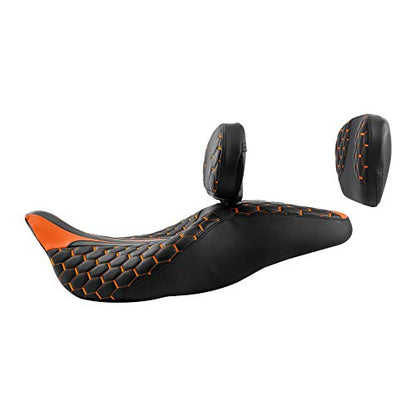 C.C. RIDER Touring Seat Sissy Bar - Passenger Backrest Driver Passenger Sissy Bar for Harley Davidson Touring Road King Street Glide Road Glide Electra Glide CVO 2009-2023 - color: Black Orange Rider Seat + Backrest