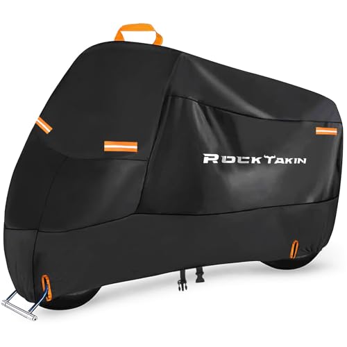 ROCKTAKIN 300D Heavy Duty Motorcycle Cover, Waterproof All Season Outdoor Protection with 4 Reflective Strips & Lock Holes, Fits Most Cruisers, Touring Bikes and Scooters up to 96.5" - size: 96.5"