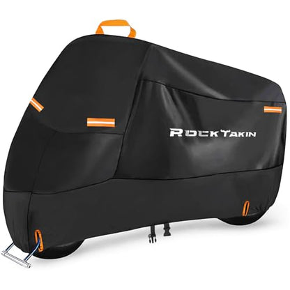 ROCKTAKIN 300D Heavy Duty Motorcycle Cover, Waterproof All Season Outdoor Protection with 4 Reflective Strips & Lock Holes, Fits Most Cruisers, Touring Bikes and Scooters up to 108" - size: 108"