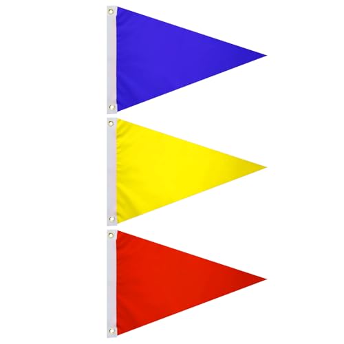 SYII Red, Yellow and Blue Pennant Flag 12x18 Inch Outdoor, Heavy Duty Solid Color Polyester UTV ATV Attention Safety Triangle Flags with 2 Brass Grommets for Beach Boating Car Bike Yacht Construction - color: 12x18 Red, Yellow and Blue Pennant Flag