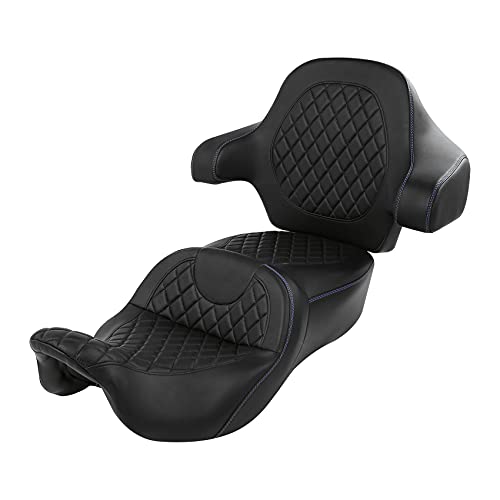 SLMOTO Gel Hammock Seat + Passenger Backrest Fit for Harley Touring Road King Glide Street Glide Electra Glide 2014-2023 Black Blue Motorcycle 2 Up Rider Driver Seat Passenger Pad Sissy Bar - color: Gel Style B Blue Seat + Backrest