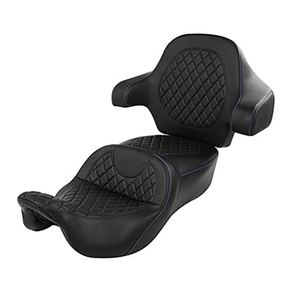 SLMOTO Gel Hammock Seat + Passenger Backrest Fit for Harley Touring Road King Glide Street Glide Electra Glide 2014-2023 Black Blue Motorcycle 2 Up Rider Driver Seat Passenger Pad Sissy Bar - color: Gel Style B Blue Seat + Backrest