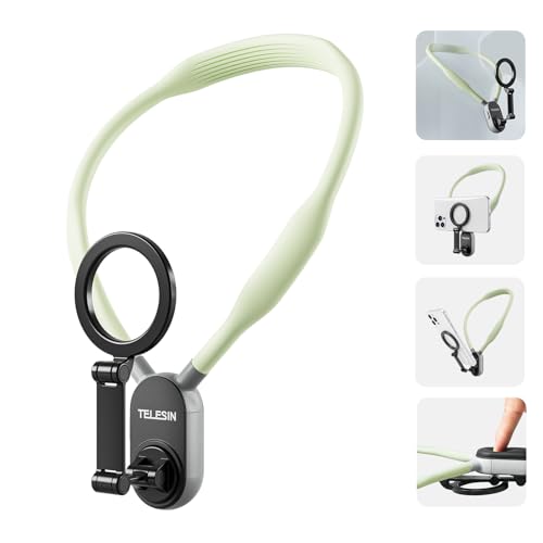 TELESIN Magnetic Neck Mount for Phones, Cell Phone Holder Stand Hanging on Neck POV/Vlog Selfie Hand Free Necklace Phone Strap Video Recording for iPhone 16 15 14 13 12 Seires Android Phones (Green) - color: Fresh Green