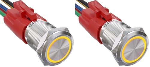 APIELE 16mm Latching 12V Push Button Switch On Off Stainless Steel with LED Angel Eye Head for 0.63" Mounting Hole with Wire Socket Plug Self-Locking (Yellow) (Pack of 2) - color: Silver Shell-Yellow, size: Silver Shell (Pack of 2)