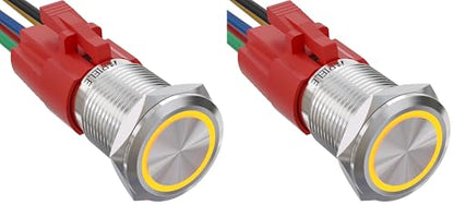APIELE 16mm Latching 12V Push Button Switch On Off Stainless Steel with LED Angel Eye Head for 0.63" Mounting Hole with Wire Socket Plug Self-Locking (Yellow) (Pack of 2) - color: Silver Shell-Yellow, size: Silver Shell (Pack of 2)