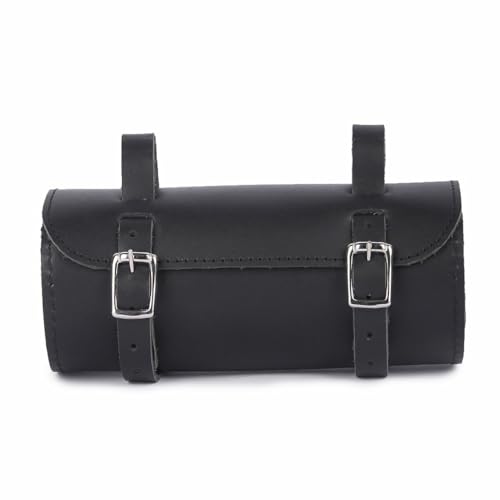 M RUFOUS Genuine Leather Saddle Bags for Motorcycles with Brass Buckle Closure, Premium Motorcycle Handlebar Bag, Double Black Motorcycle Tool Bag - Free Waterproof Cover - color: Black (Black Stitch)