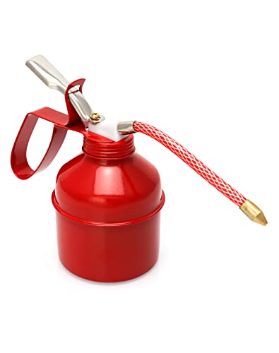 QWORK Steel Pistol Type Oiler - 12 OZ (400ML) Capacity Manual Pump Oil Can, Red, Flexible Tube, 2 Pack