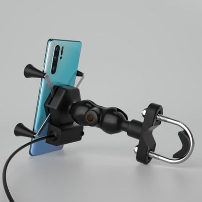 Motorcycle Phone Mount with USB Charger, X-Shaped Anti-Shake Phone Holder for Electric Bike Navigation and Quick Charging on Handlebar