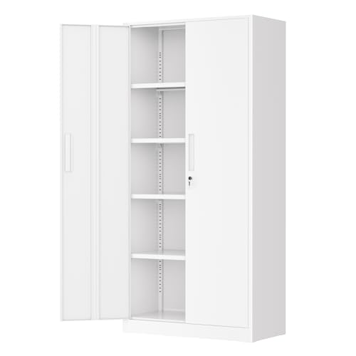 Greenvelly White Metal Storage Cabinet for Garage, 72” Steel Locking Cabinet with Doors and 4 Shelves, Tall Tool Cabinets for Garage Storage Systems Lockable File Cabinet for Home Office, Classroom - color: White, size: 72 inch